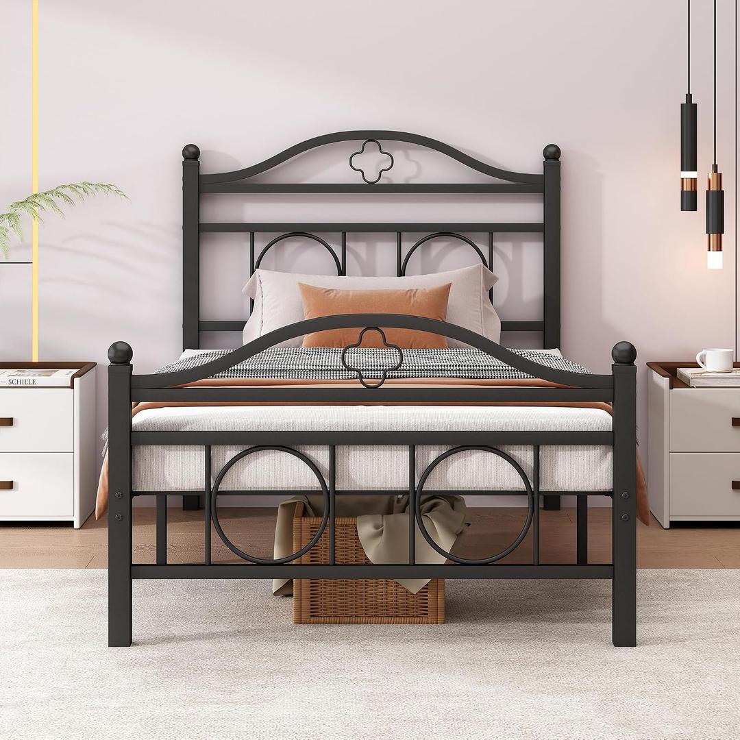 Twin Bed Frame with Headboard,Heavy Duty Steel Slats Support Mattress Foundation-Under Bed Storage, No Box Spring Needed, Noise Free