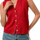 Trendy Sweater Vest Waffle Knit Top Vest V Neck Cardigan Sweater Casual Sleeveless Tops Cute Ruffle Vest (S)
