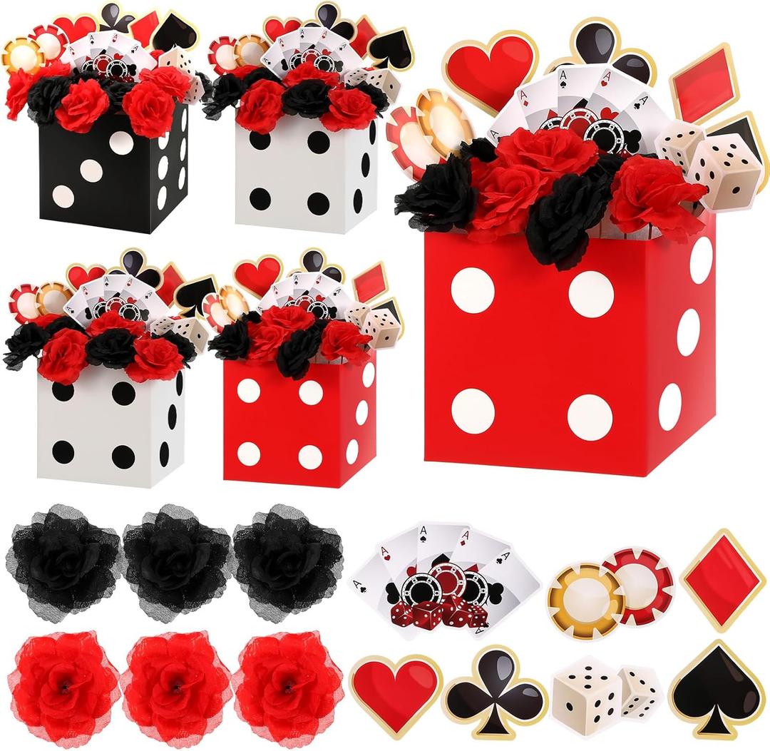 4 Sets Casino Party Decorations Poker Theme Table Centerpieces Party Toppers with Red Black Flowers Dice Box Poker Cutouts and Sticks for Casino Night Decor Birthday