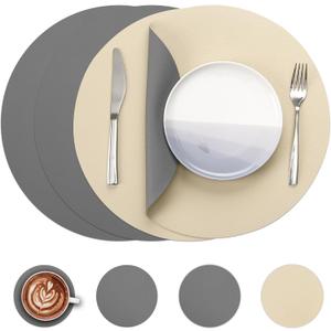 Myir JUN Round Placemats Set of 4 Faux Leather Place Mats and Coasters 15 inch Round Table Mats Dual Sided Non-Slip Stain Resistant Placemats (Gray & Wheat, Set of 4)