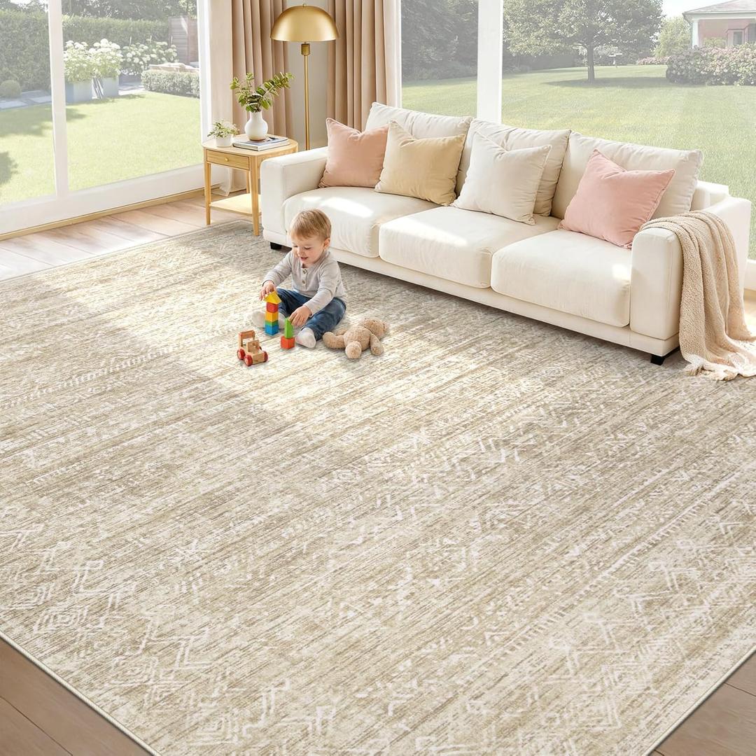 Washable Rug 8x10 Area Rugs: Modern Geometric Rugs for Living Room Non Slip Soft Low Pile Moroccan Indoor Carpet for Bedroom Nursery Dining Room Home Office Children's Room (Beige, 8'x10')