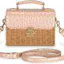 Women's Straw Bag Handmade - Vegan Leather Top-handle Handbags, with Gold and Crocodile Embossed, Summer Purse