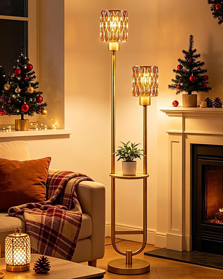 Lightdot Glass Floor Lamp with Shelf 2-Lights Amber Glass Gold Floor Lamps