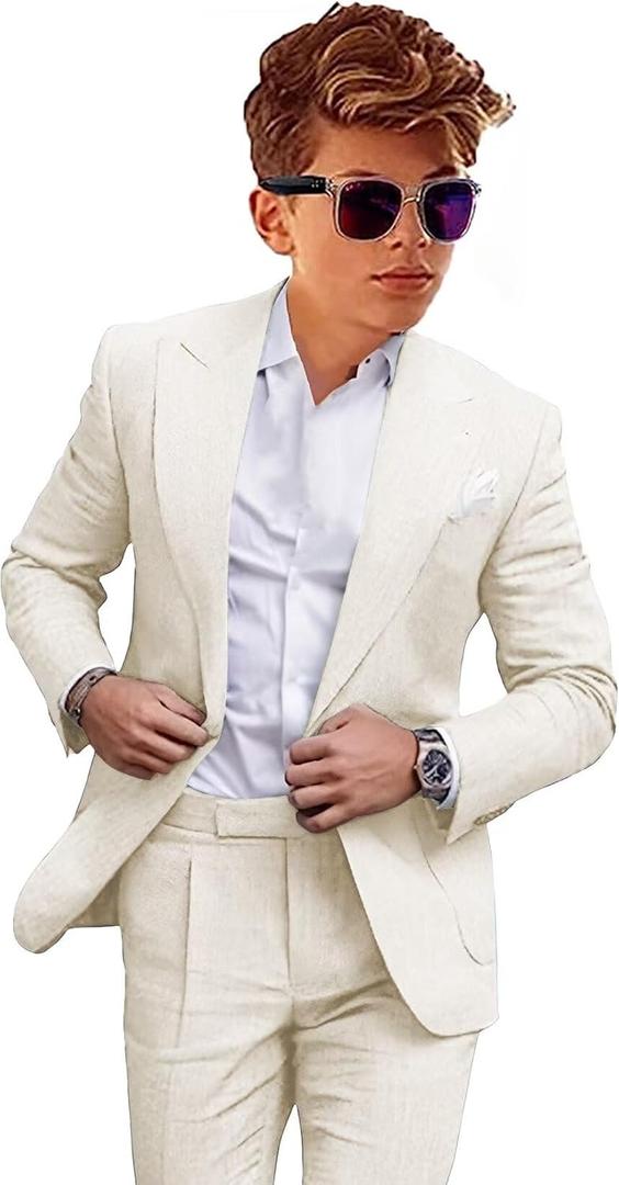 Boys Linen Suits Casual 2 Piece Summer Beach Wedding Tuxedo Suit for Boy Ring Bearer Outfit (10, Ivory)