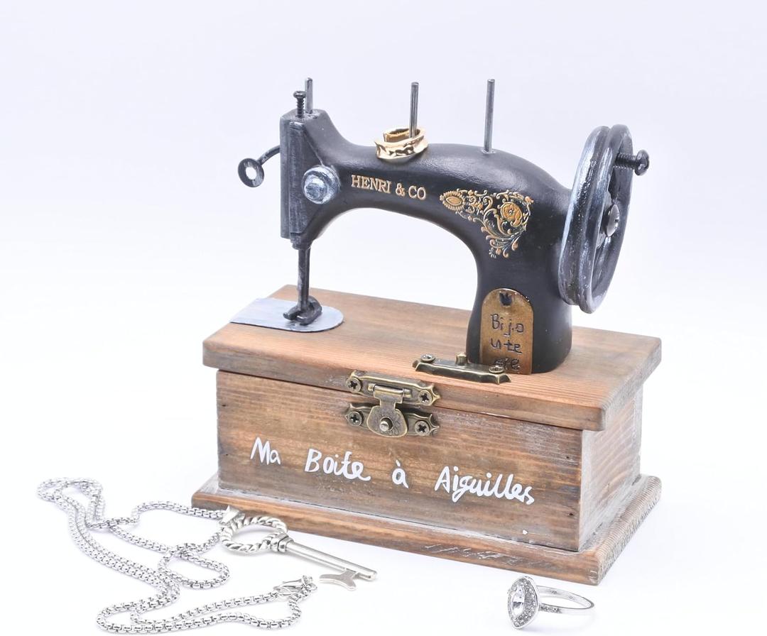 Decorative Tabletop Mini Wooden Jewelry Box Retro Classic Sewing Machine Style Home Decor (1 pcs)
