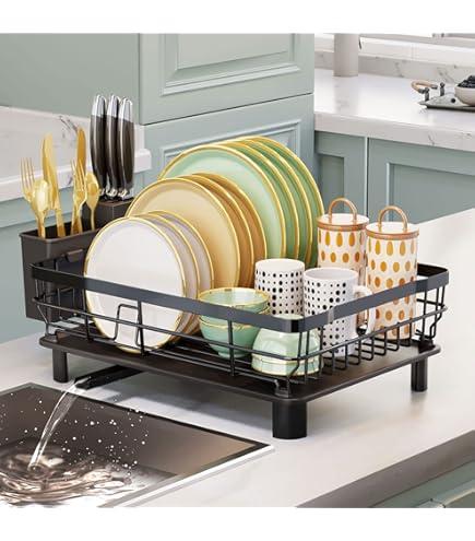 AIDERLY Stainless Steel Dish Drying Rack with Drainboard Dish Drainers for Kitchen Counter Extendable Spout Strainers with Utensil Holder and Knife Slots, Grey