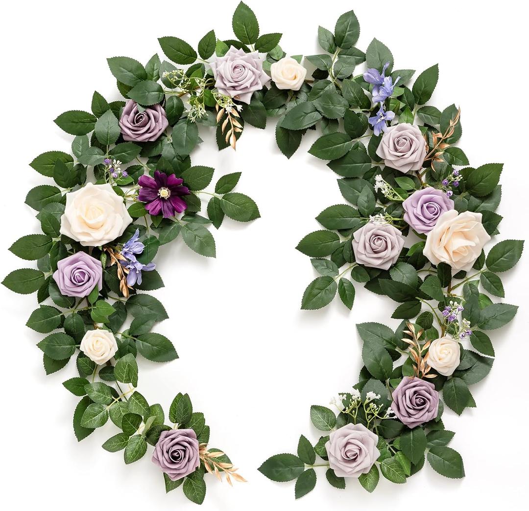 Ling's Moment 5FT Light Purple Artificial Flower Garland Rose Leaves Lilac Floral Garland Arch Flowers Vine Lavender Table Garland for Wedding Party Backdrop Decor Mantel Table Centerpieces Decoration
