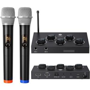 Wireless Microphone System, Dual UHF Portable Karaoke Microphone, HDMI & AUX in/Out, Optical Out, Stable Signal, 100ft Range  Wireless Mic for Singing, Karaoke, Church, Smart TV, PC, PA Speaker