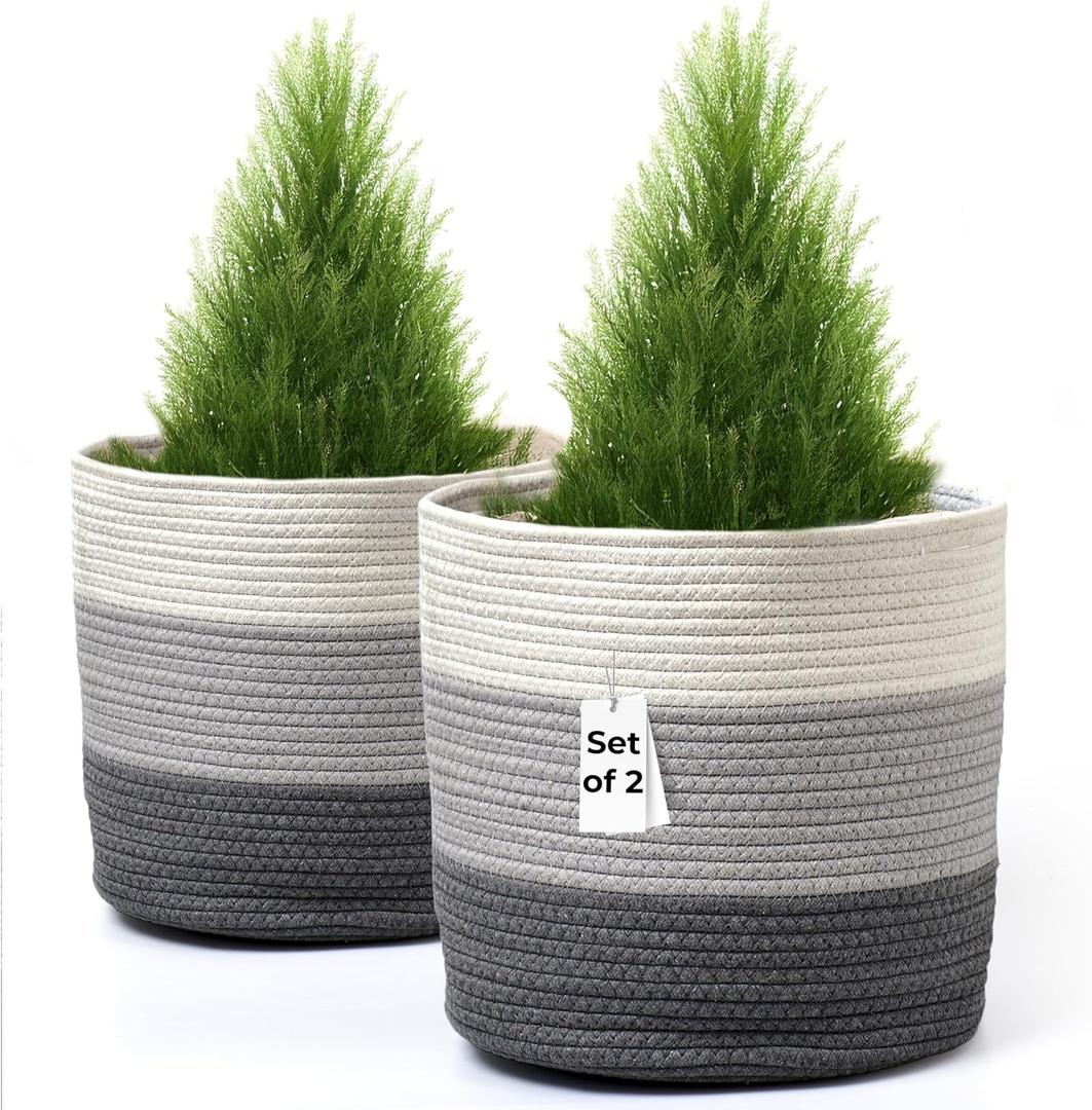 Hallops Woven Planter Basket - Indoor Plant Basket for Flowers Herbs Succulents - Multi-Use Storage Organizer - Set of 2 - White and Grey - Stylish and Versatile Design