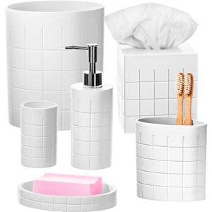 Creative Scents Polar White Bathroom Accessories Set with Trash Can - 6 Piece Bathroom Set Features: Waste Basket, Tissue Cover, Soap Dispenser, Toothbrush Holder, Tumbler and Soap Dish