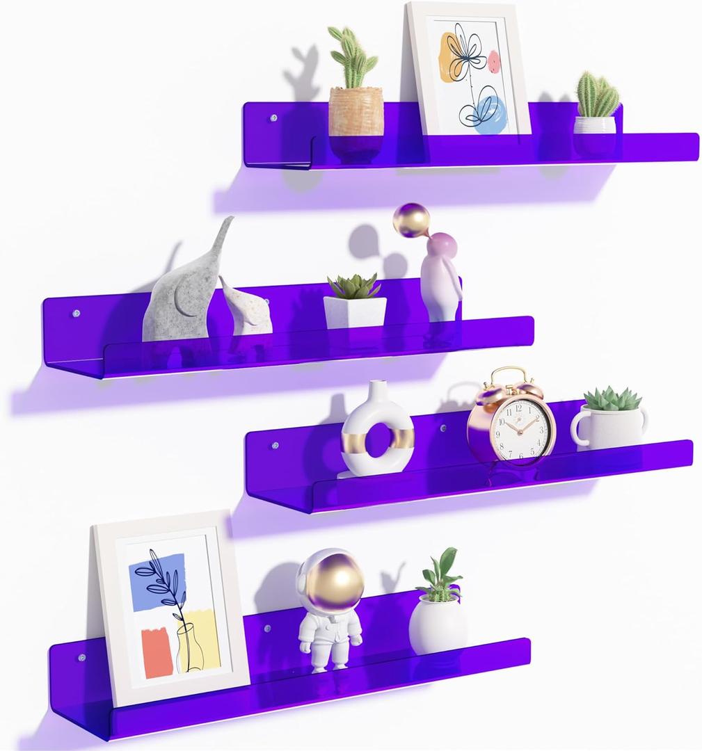 upsimples 4 Pack Acrylic Shelves for Wall Storage, 15" Floating Bookshelves for Kids, Display Shelf Organizer for Bathroom, Bedroom, Living Room Decor, Kitchen, Clear Purple