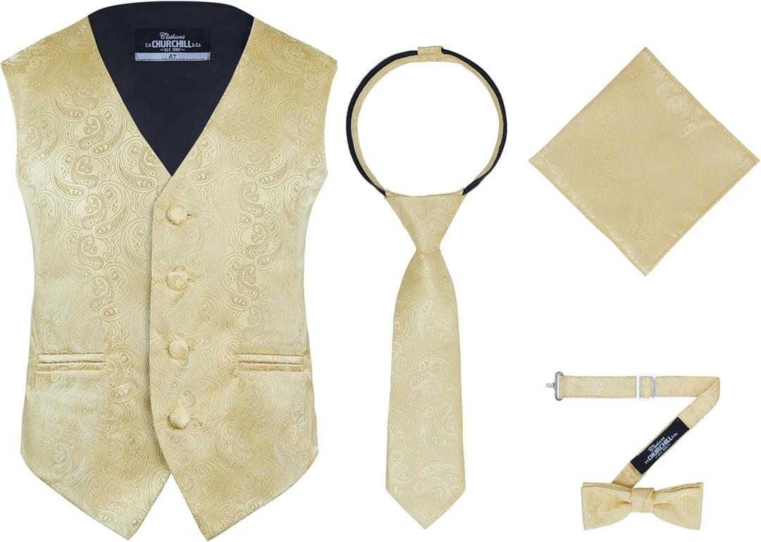 S.H. Churchill & Co. Boys 4 Piece Formal Paisley Vest and Tie Set (6, Gold)