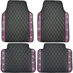 Universal Car Floor Mats,Faux Black Leather with Pink Diamond Carpet Glitter Crystal Rhinestones All Weather Waterproof Auto Liners Foot Pads Set
