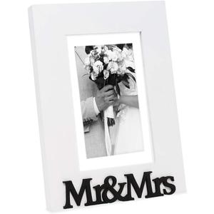 Isaac Jacobs White Wood Sentiments Mr & Mrs Picture Frame, 5x7 inch with Mat, Newlywed Photo Gift for Wedding, Display on Tabletop, Desk (White, 5x7 (Matted 4x6))