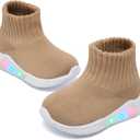 MORENDL Toddler Light Up Walking Shoes Baby Non-Slip Sock Shoes Toddler Slip On Sneakers Boys & Girls (Beige)