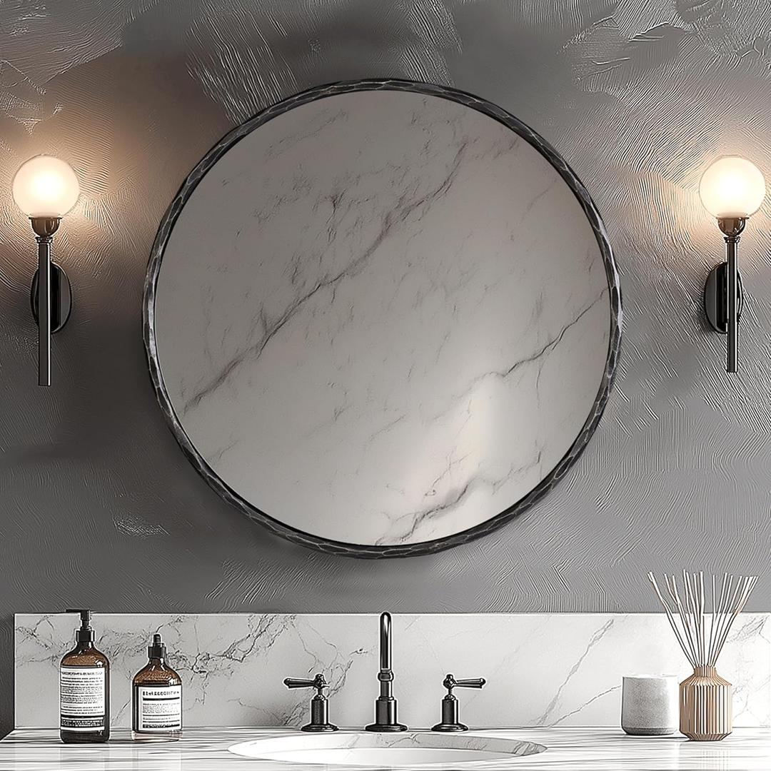 ANDY STAR Hand-Forged Round Mirror for Wall, 24 Inch Black Solid Steel Antique Rounded Bathroom Mirror, Vintage Hammered Metal Frame Circle Mirror for Wall Decor, Vanity, Bedroom, Entryway ANDY STAR Hand-Forged Round Mirror for Wall, 24 Inch Black Solid Steel Antique Rounded Bathroom Mirror, Vintage Hammered Metal Frame Circle Mirror for Wall Decor, Vanity, Bedroom, Entryway
