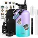 WixByti 64 oz Insulated Water Bottle with Straw (Cold for 48 Hrs), Half Gallon Stainless Steel Triple Wall Vacuum Sports Water Jug, Leakproof Hydro Cup Flask with Straw Spout Lids & DIY Stickers