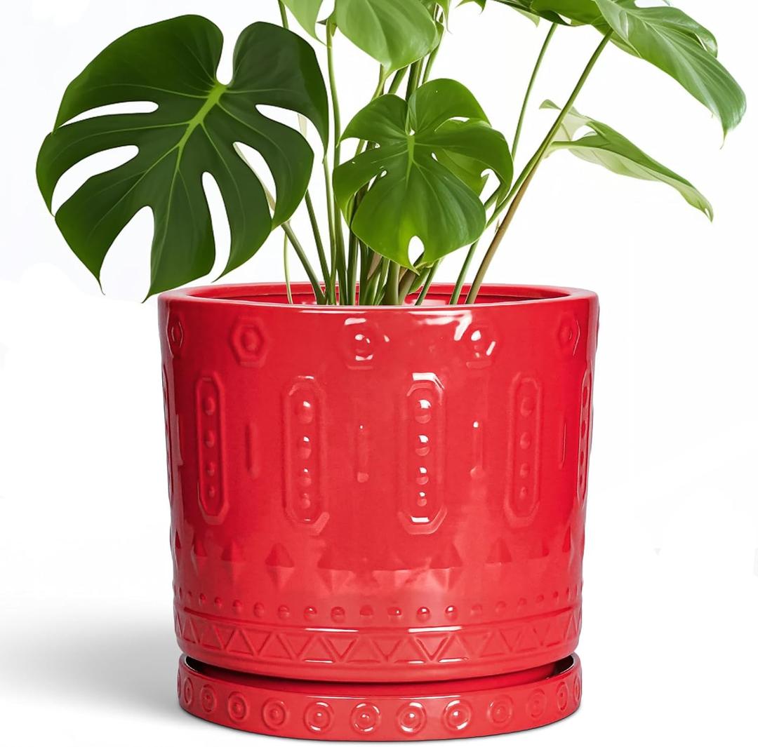 10 Inch Plant Pot, Ceramic Pots for Plants for Indoor Outdoor Plants, Round Planter with Drainage Hole and Tray, Boho Decorative Flower Pots, Front Porch Decor, Gifts for Plant Lovers, Red