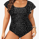 Plus Size One Piece Swimsuit - Women Tummy Control Bathing Suit Ruffle Vintage Swimwear with Sleeves 18W