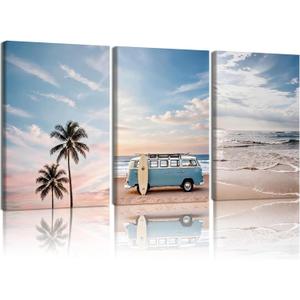 HCJWCXD 3-Piece Beach Canvas Wall Art Boho Framed Ocean Wave Ocean Poster Vintage Blue Van Palm Van Print Painting Mid-Century Modern Coastal Wall Decor 16x24 Inch for Living Room Bedroom Office