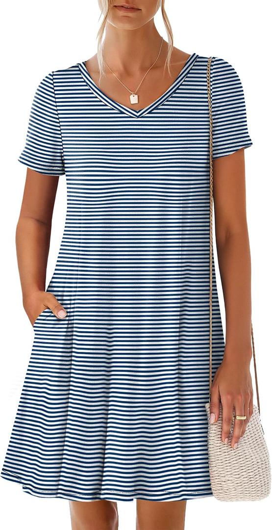 ANRABESS Women's Summer T Shirt Dress Casual V Neck Short Sleeve Floral Boho Flowy Mini Dresses 2026 Beach Vacation Clothes (Blue, M)