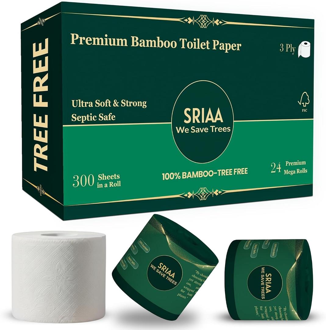 100% Bamboo Tree-Free Toilet Paper 24 Premium Family Mega Rolls, 3-Ply, 300 Sheets Per Roll Ultra Soft & Strong, Plastic-Free Packaging, Septic Safe, FSC Certified We Save Trees
