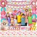 Donut Sweets Birthday Party Supplies, Donut Style Party Decorations Include Happy Birthday Banner, Backdrop, Tableware Set, Tablecloth, Cake Toppers, Cupcake Toppers, Latex Balloons, Hanging Swirls