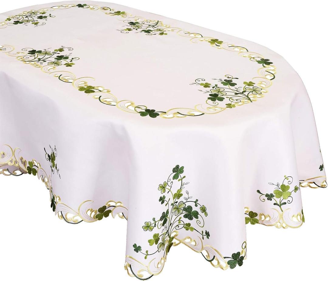 Embroidered Irish Clover St. Patricks Day Tablecloth, Spring Shamrock Decorations (Oval 5788 inches)