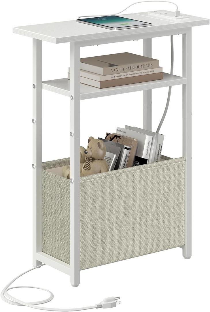 sthmec Narrow Side Table with Charging Station, Small End Table for Small Spaces, Skinny Nightstands with Storage Basket, 3 Tier Sofa Couch Bedside Tables for Living Room,Bedroom, White, Power Only
