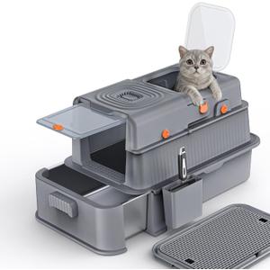 Soulbond Stainless Steel Cat Litter Box with Lid, Enclosed Large Metal Litter Box with Drawer and Flip Door for Big Cats, Top Entry, Odor Control, Easy to Clean (Grey)
