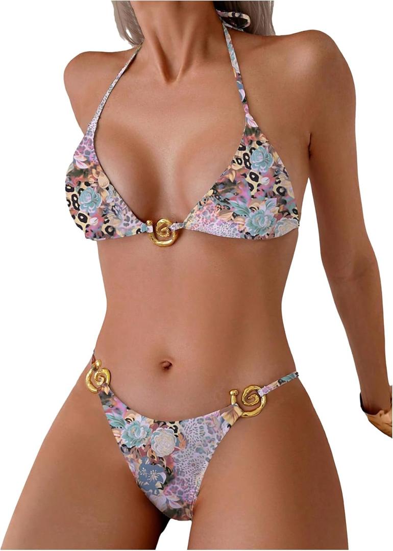 Women's 2 Piece Leopard Floral Bikini Sets Ring Triangle Halter Bathing Suit Tie Back Swimsuit (Multicoloured)- XS