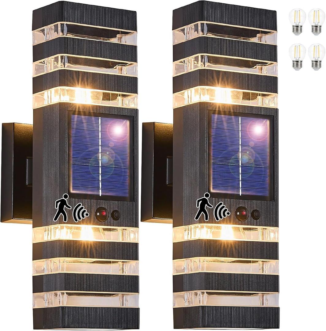 2 Pack Solar Outdoor Wall Lights with Motion Sensor 3-Mode Motion Outdoor Sconces 3000K 500LM Dusk to Dawn Solar Porch Light Fixtures Modern Up Down Exterior Wall Lamp for House Garage Front Door (Black)