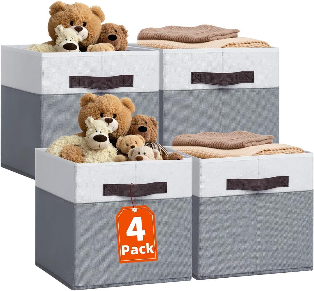 Criusia Fabric Storage Cubes - 13 Inch Large Storage Bins 4 Pack - Clothes Organizer Bins for Closet, Shelves, Cube Organizer/Cubby Collapsible Storage Baskets for Organizing Toys Blanket (White with Grey)