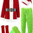 ADOMI Christmas Costume for Men Green Furry Monster 8PCS Deluxe Adult Santa Suit Xmas Outfit Set Halloween Holiday (3X-Large)
