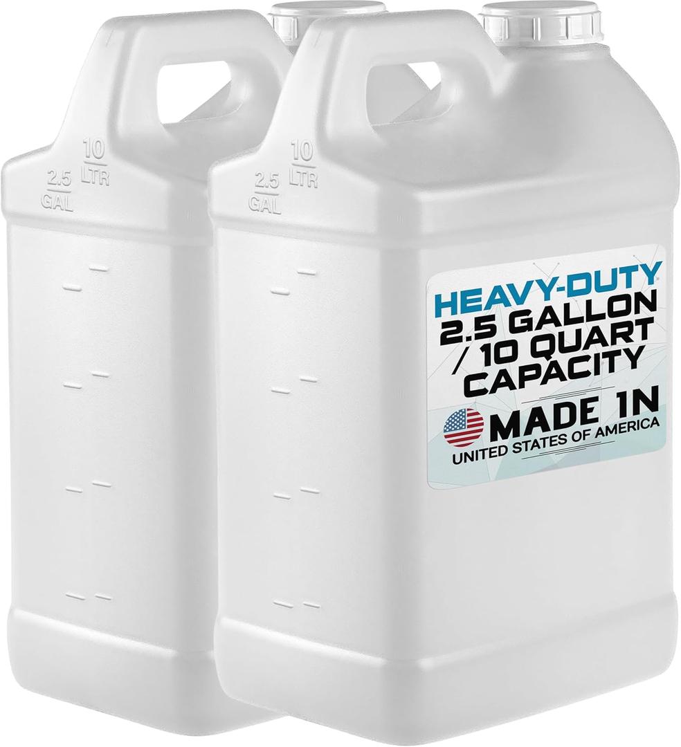 kitchentoolz 2.5 Gallon Jug - F-Style HDPE with Secure Seal Lid - Heavy-Duty Storage - Used Oil Container & 2.5 Gallon Water Jug - Large Liquid Container Pack of 2