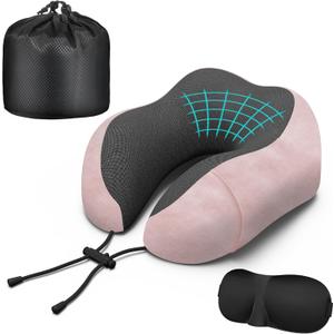 Neck Travel Pillow, Upgraded Memory Foam Pillow for Airplane, Machine Washable, Adjustable Flight Pillow, Suitable for Sleeping Airplane, Car, Office and Home (Pink)
