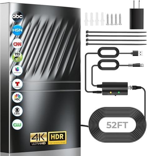 3500+ Miles TV Antenna,2025 Strongest Digital Antenna for Smart/Old TVs Indoor Outdoor,360° Long Range Reception HD Antenna with Amplifier Signal Booster for Local Channels-52ft Coax Cable-8K 4K 1080p Black