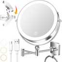 10x Large Wall Mounted Makeup Mirrror, Height Adjustable Lighted Mirror, 8" Double Sided Mirror, 1X/10X Magnifying Bathroom Mirror, 360 Rotation Adjustable, Detachable Ring, 3 Color Lights