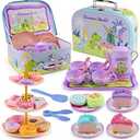 Motiloo 41 Pcs Dinosaurs Kids Tea Party Set with Carrying Case & Sweet Treats Playset - Pretend Toy Tin Tea Set for Little Girls - Princess Tea Time Pretend Play Tea Set Toys