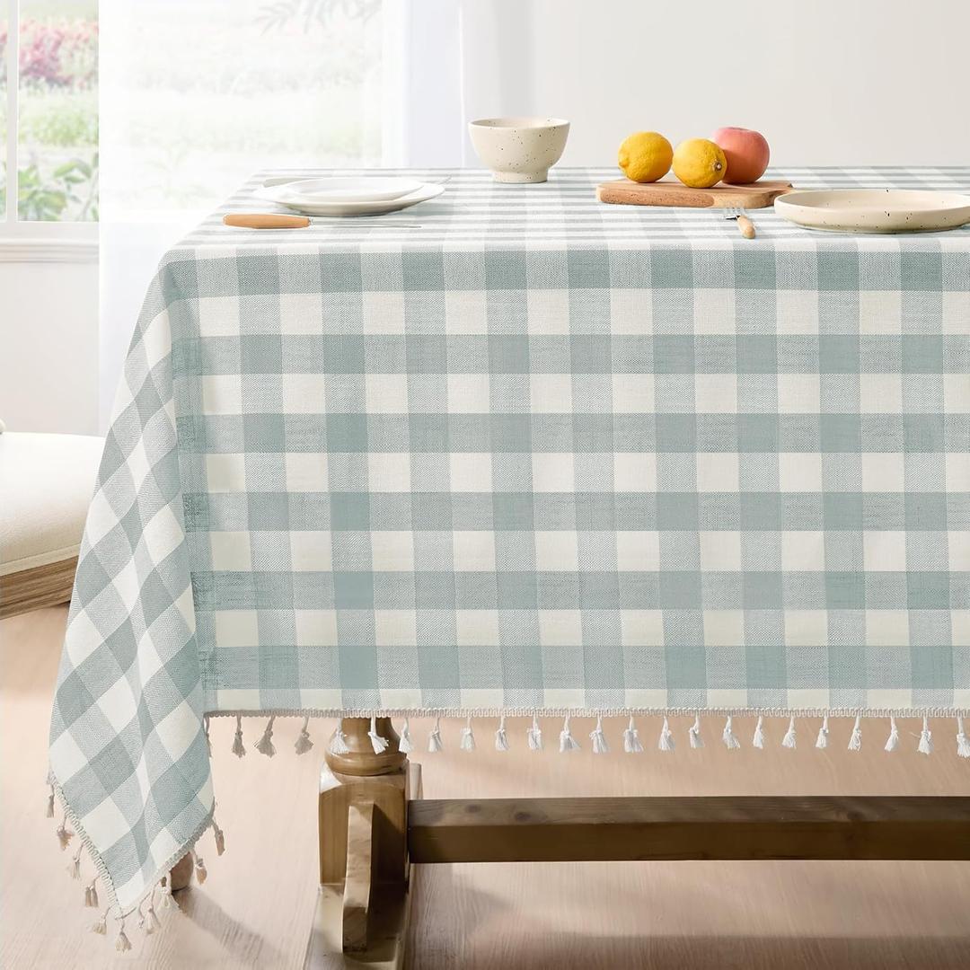 Softalker Checkered Tablecloth Rectangle, Outdoor Linen Cotton Gingham Table Cloth with Tassel, Heavy Duty Wrinkle Free Buffalo Plaid Table Cover for Kitchen Dining Summer Party - 55 x 84 Inch, Aqua