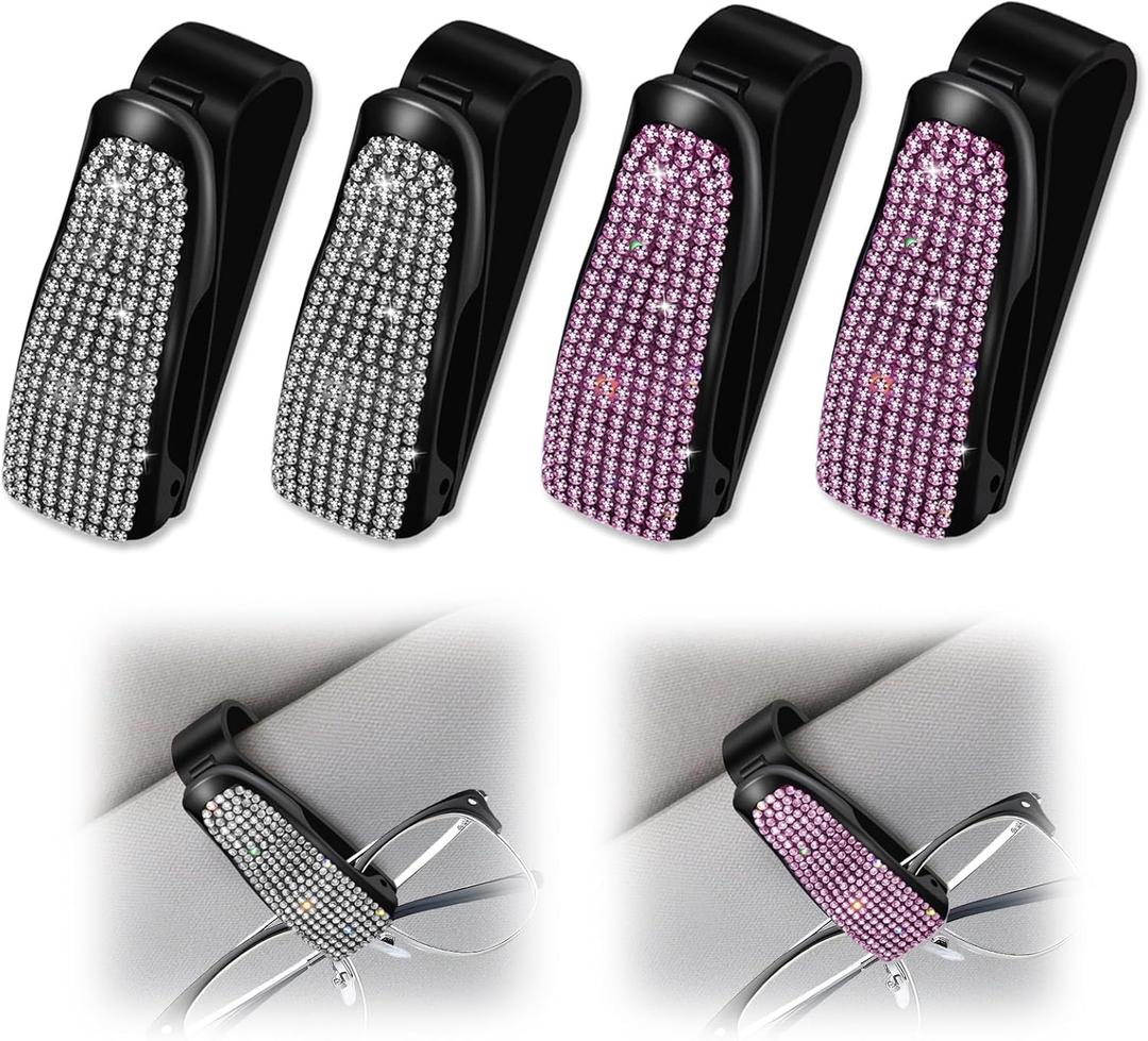 panthra 4 PCS Bling Rhinestones Sunglasses Clip for Car Visor, Fashionable and Shiny Visor Clip for Sunglasses with Ticket Card Clip Girl Car Accessories Interior for Women Girls (White, Pink)