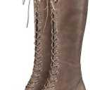 BEAUPAS Women's Knee High Combat Boots Lace Up Low Heel Military Tall Boots, 8, Grey