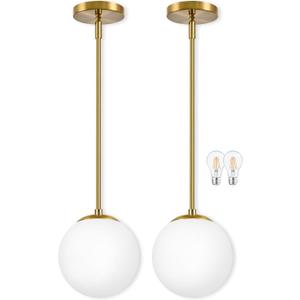 Bagood 8" Globe Pendant Light Gold 2 Pack Mid Century Pendant Light Globe Pendant Lights Kitchen Island Brushed Brass Finished with Milk Glass Adjustable Ceiling Light Fixtures for Dining Room Bar