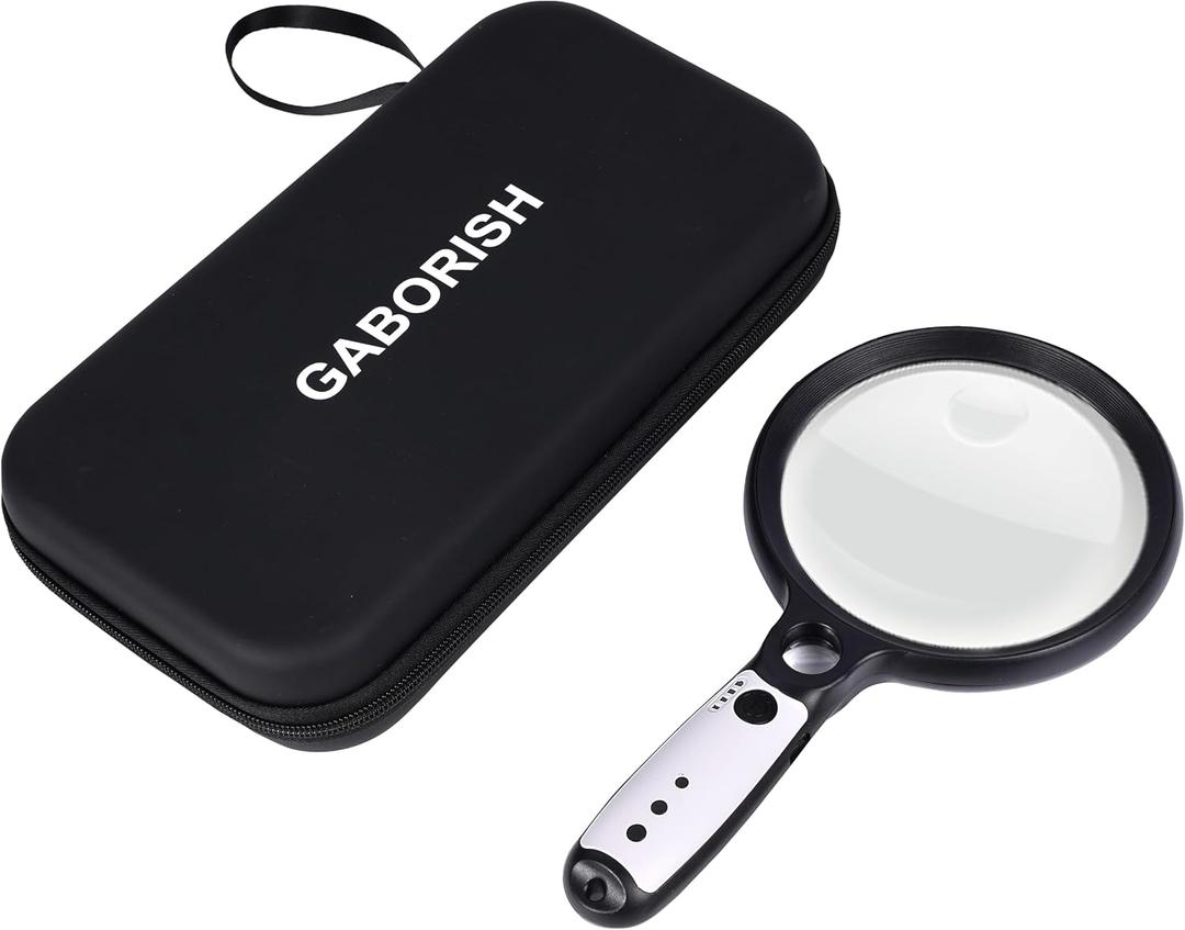 Large Magnifying Glass with 37 LED Light and Case, 10X 20X 45X Handheld Illuminated Lighted Magnifier with 3 Light Modes Rechargeable Magnifying Glass for Seniors Reading, Inspection (Black & White)