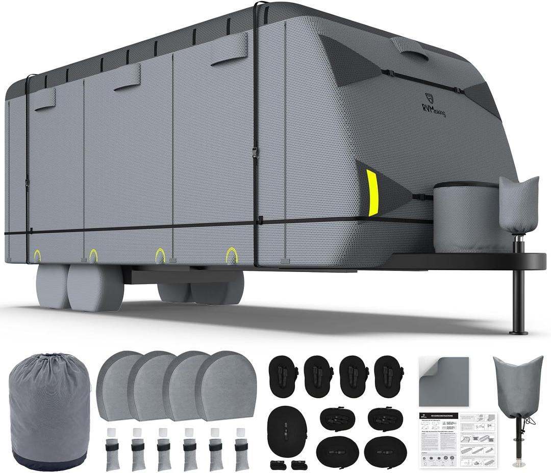 RVMasking Travel Trailer RV Cover 31-34ft, 7 Layers Extra-Thick Camper Cover Waterproof Windproof for Toy Hauler with 4 Tire Covers & Tongue Jack Cover & Propane Tank Cover, Dark Gray