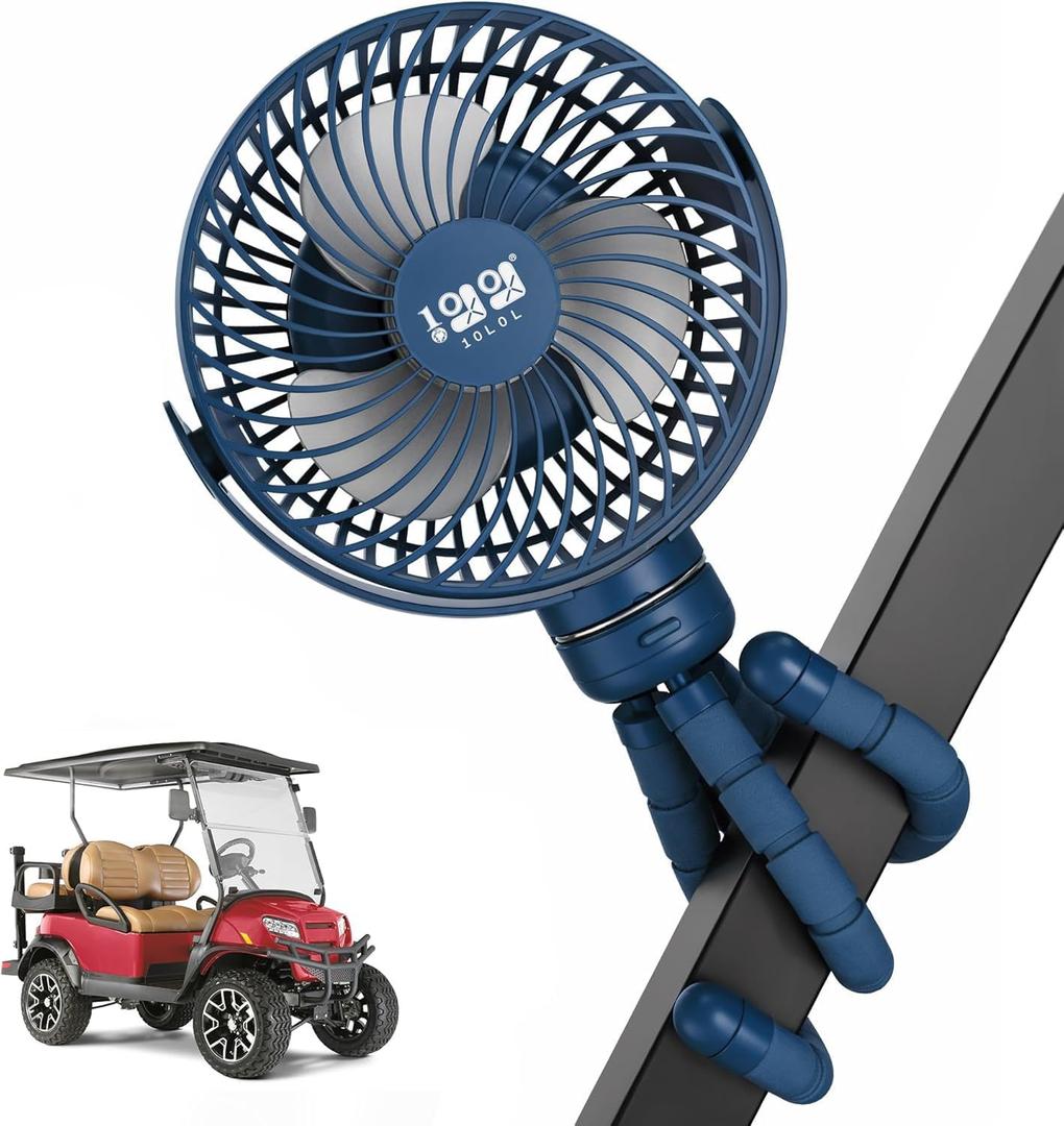 10L0L Rechargeable Portable Fan-8000mAh Battery Operated Fans Compatible with Yamaha/EZGO/Club Car/Tents/Prams/Golf Cart Push Cart with Flexible Tripod, LED Light, 360° Rotatable, 3 Speed