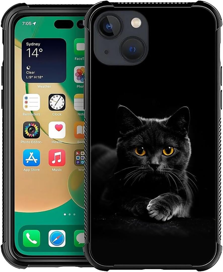 Compatible with iPhone 14 Case,A Black Cat Design Case for Men Girls Soft TPU Bumper Hard PC Back Anti-Fall Shockproof Protective Slim Pattern Cover