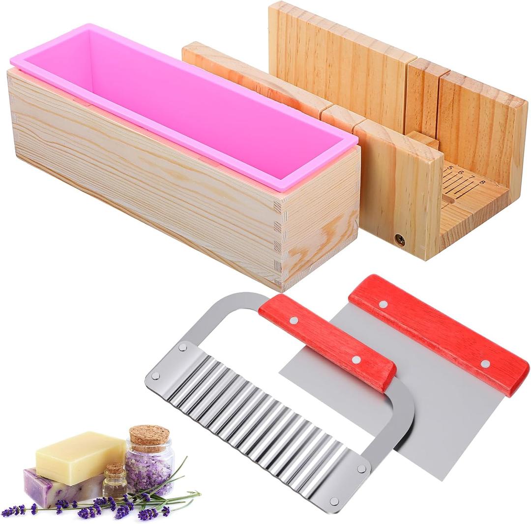 42oz Loaf Soap Making Supplies Kit, Included Adjustable Wooden Cutting Box + Rectangular Loaf with Wooden Box Stainless Steel Wavy+Straight Cutter  Silicone for DIY Soap Making