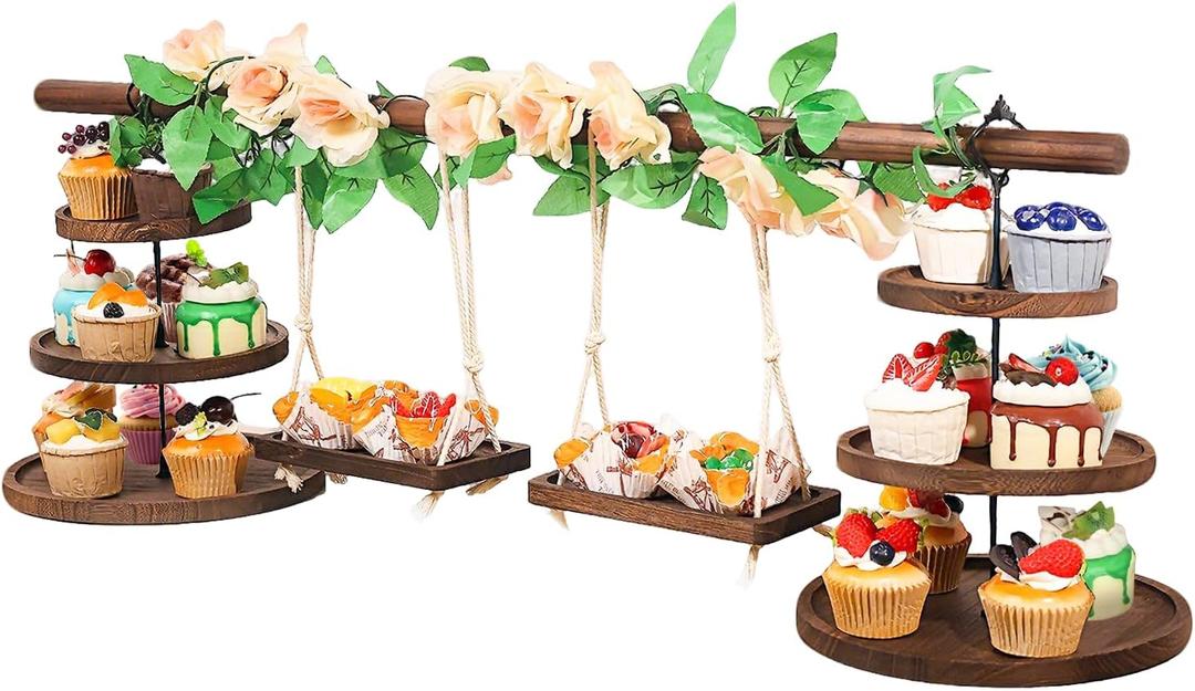 Wooden 3 Tier Cupcake Stand with Swing and Rose Vines Decor, Dessert Table Display Set Removable Serving Tray Cupcake Tower Centerpiece for Tea Party Birthday Baby Shower Wedding
