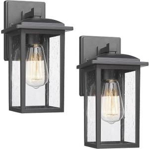 Outdoor Wall Sconces 2 Pack, Exterior Light Lantern Fixtures, Porch Light Lamps Outdoor Wall Mounted in Black Finish with Seeded Glass for House, Garage, Patio, Yard, Garden Black